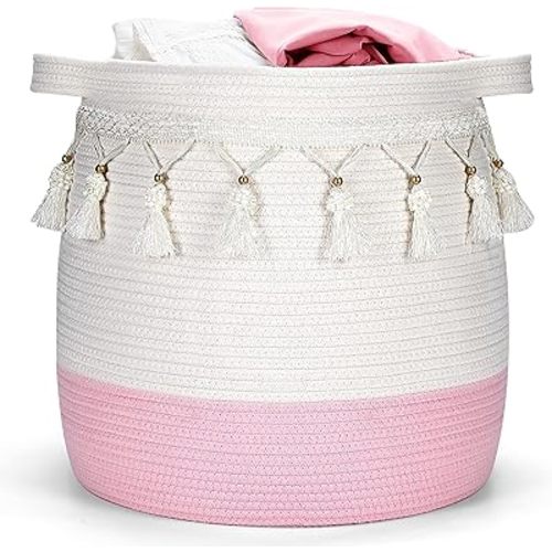 Large Cotton Rope Basket, Woven Storage Basket for Toy, Laundry and Blanket Organizer Basket, Round Hamper Basket with Handles for Kid's Room 17.7"x16.9"