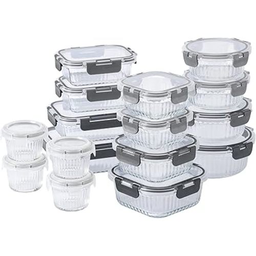 COOK WITH COLOR Premium 32-Pc. Borosilicate Glass Food Container Set with Dividers - 4 Rectangles, 8 Rounds, 4 Squares - Leakproof Lids - Meal Prep, Storage, Fluted Ombre Grey