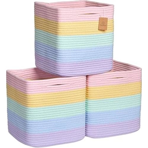 NaturalCozy Storage Cubes 11 Inch Cotton Rope Woven Baskets for Organizing, 3-Pack | Cube Storage Bin | Square Storage Baskets for Shelves Organizer, Classroom, Kids Toy Bins, Closet, Baby Nursery