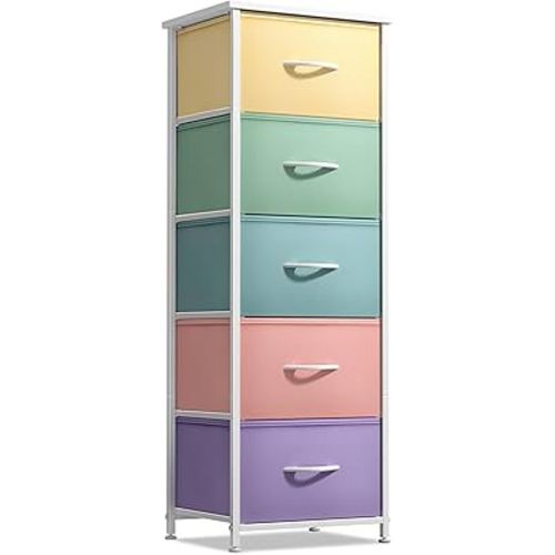Sorbus Fabric Dresser for Kids Bedroom - Chest of 5 Drawers, Tall Storage Tower, Clothing Organizer, for Closet, for Playroom, for Nursery, Steel Frame, Fabric Bins - Wood Handle (Pastel)