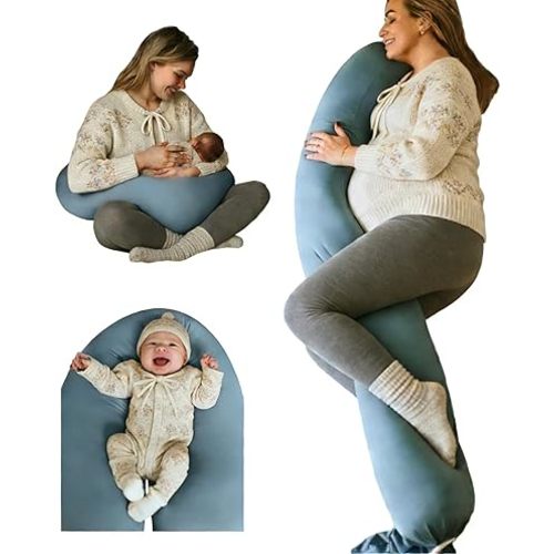 Pregnancy Pillow 5-in-1 【Cooling Cover, Adjustable to Grow with Belly】 Beanbag Style, Lockable O-Shape Nursing Maternity Pillow, 5-Point Full Body Support for Side Sleepers, with Travel Bag - Blue