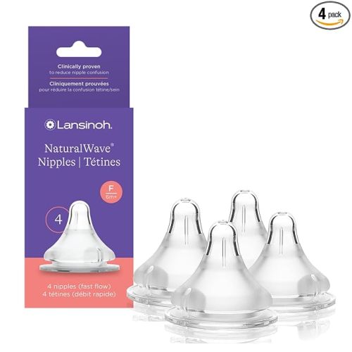 Lansinoh NaturalWave Baby Bottle Nipples, Fast Flow, Size F, 6+ Months, 4 Count – 100% Soft, Durable Silicone, Made Without BPA BPS, Anti-Colic, Supports Baby’s Developing Mouth and Teeth