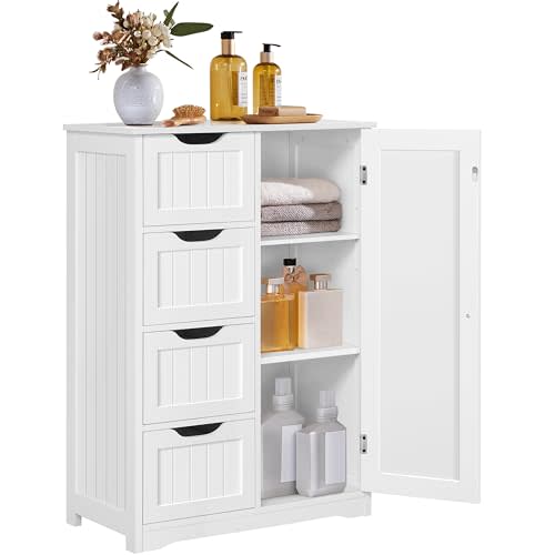 Yaheetech Small Bathroom Storage Cabinet with 4 Drawers & Door, White | Floor Cabinet Organizer for Hallway, Living Room, 3-Position Adjustable Shelf, Beadboard Detail, MDF, 12"D x 22"W x 32.5"H
