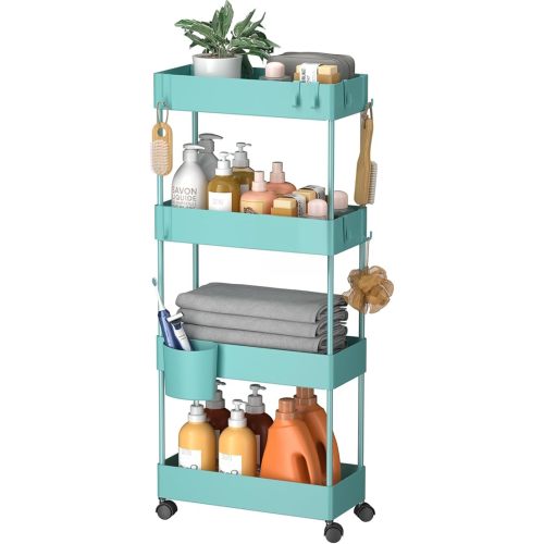 Pipishell Slim Storage Cart with Wheels, 4 Tier Bathroom Storage Organizer Rolling Utility Cart for Bathroom Kitchen Laundry Room Office Narrow Place (Turquoise)