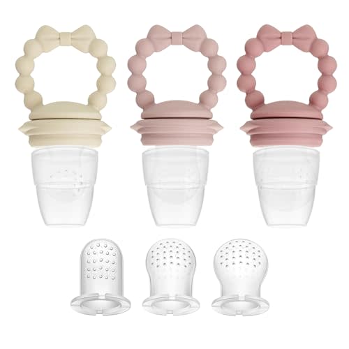 PandaEar 3 Pack Baby Fruit Food Feeder Pacifier with 3 Different Sized Pouches, Silicone Teether for Purees & Breast Milk, BPA Free Infant Solid Food Essentials for Babies 3-12 Months (Bow Series)