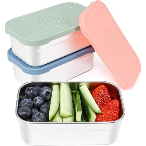 Caperci 3-Pack Large Stainless Steel Snack Containers with Silicone Lids - 15oz Reusable Small Food Storage Deli Containers for Snacks & Meal Prep, Leak-Proof, Easy Open & BPA-Free (440ML)