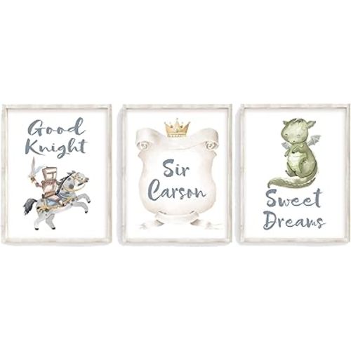 Personalized Watercolor Fairytale Knight Dragon Nursery Set of 3 Unframed Prints, Good Knight Sweet Dreams