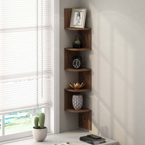 Furinno 5-Tier Floating Corner Shelf, Wall Mount Shelves for Storage and Display, Columbia Walnut