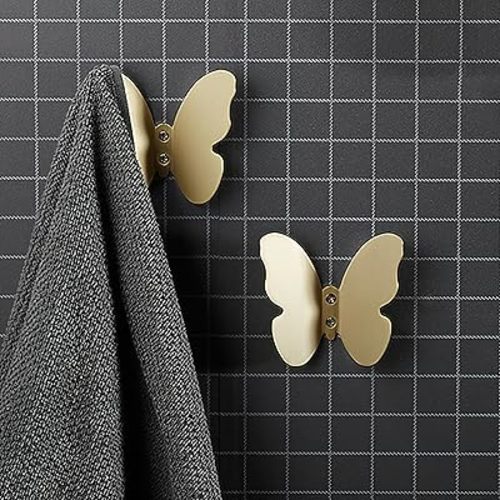 Z metnal Wall Hooks Decorative, Small Modern Gold Brass Hook, Butterfly Bath Towel Hook, Coat Hat Robe Hooks for Girl's Bedroom, Stainless Steel, Wall Mounted, 2 pcs