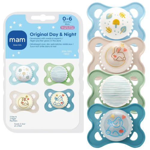 MAM Original Baby Pacifiers 0-6 Months, Binky for Newborn Babies, BPA-Free Skin Soft Silicone Nipple, Glows in The Dark, Developed with Medical Experts, 4 Count, Made in Europe