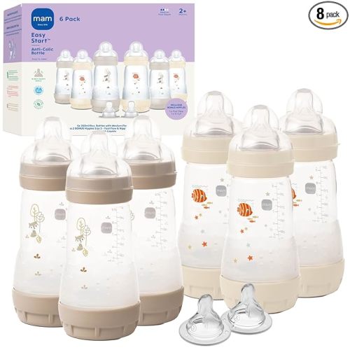 MAM 9oz Easy Start Anti-Colic Baby Bottles, Medium Flow with 2 Bonus Nipples Set (Fast & Extra Fast Flow), Reduces Colic, Gas, & Reflux, Easy-to-Clean, BPA-Free, 2+ Months, Made in Europe Pack of 6