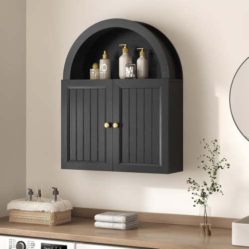 Arched Wall Cabinet, Wall Mounted Cabinets with Grille Door and Adjustable Shelf for Bathroom Laundry Room Kitchen, Modern Black