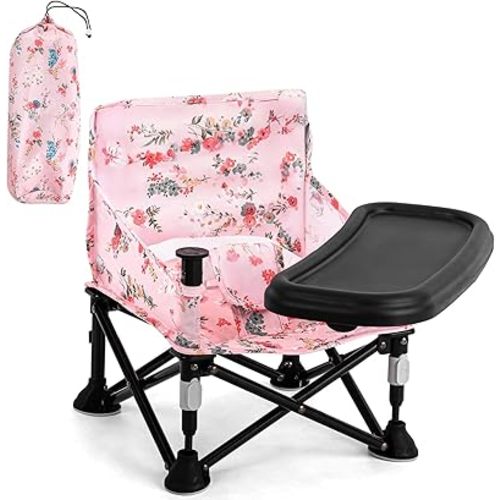 Booster Seat for Kitchen Chair with Removable Tray, Portable Foldable Baby Chair for Babies 6-36 Months, Indoor Outdoor Toddler Camping Chair (Pink Floral Design)