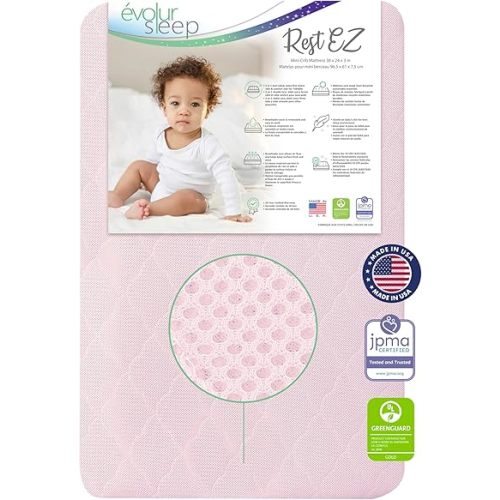Evolur Rest EZ 2-in-1 Mini Crib Mattress – Dual-Sided Comfort, Water-Resistant Pink Cover, GREENGUARD Gold & JPMA Certified, Crafted from Recycled Sustainable Materials, Proudly Made in USA