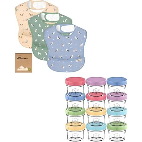 KeaBabies 3-Pack Waterproof Baby Bibs for Eating and 12-Pack Baby Food Containers - Lightweight Toddler Bibs with Food Catcher - 4 oz Leak-Proof, Microwavable, Infant Snack Storage Container