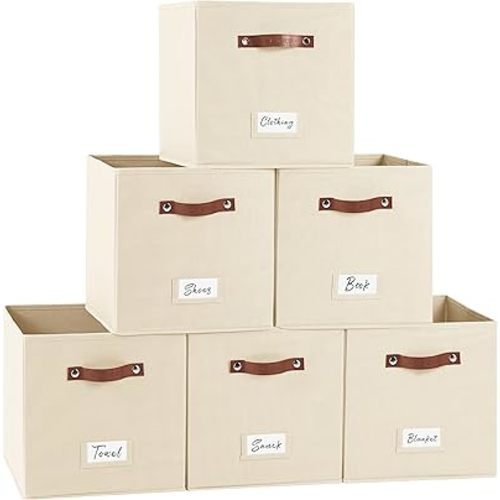 VZFXRD 13 Inch Cube Storage Bin 6 Pack Collapsible Fabric Basket with Handles and Labels, Cube Storage Organizer for Closet, Bedroom, Living Room, Beige