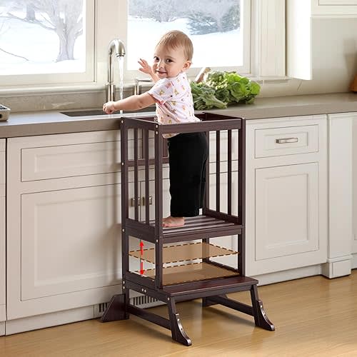 COSYLAND Height Adjustable Kitchen Stool for Toddlers – Sturdy Toddler Standing Tower for Learning and Cooking – Kids Helper Tower with 4 Stability Blocks for Kitchen Counter (Walnut)
