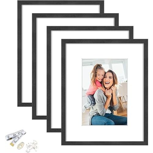 8x10 Picture Frame, Black Wood Photo Frame 5x7 with Mat or 8x10 without Mat with Perspex Glass for Vertical or Horizontal Tabletop Wall Display for Photos, Birthday Christmas Gift, Set of 4