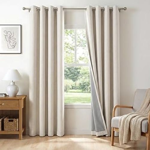 100% Blackout Shield Linen Blackout Curtains for Bedroom, Beige Grommet Curtains for Living Room, Thermal Insulated Room Darkening Drapes for Nursery, Boho Home Decor, 50" W x 84" L, 2 Panels