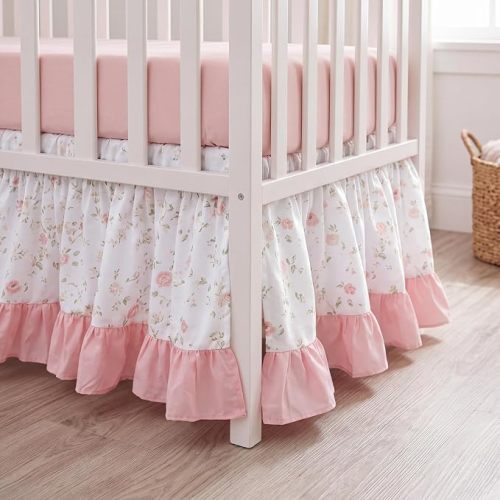 Hahafelt Pink Crib Skirt for Baby Girls & Boys, 28" x 52" with 14" Drop–100% Washed Cotton Dust Ruffle Bed Skirt, Soft Nursery Bedding, Fits Standard Toddler Cribs, Floral Farmhouse Decor