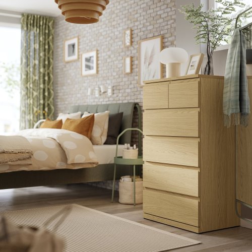 STORKLINTA 6-drawer chest - oak effect/anchor/unlock-function 70x48x120 cm (27 1/2x18 7/8x47 1/4 ")