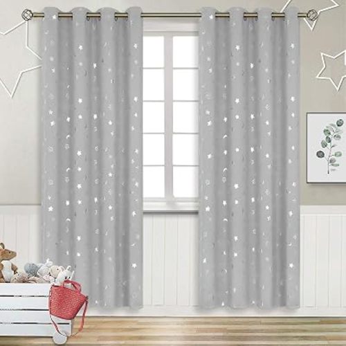 BGment Nursery Curtains for Kids Room, Star and Moon Blackout Curtains for Girls Boys Bedroom, Room Darkening Thermal Insulated Decoration Window Grommet Curtains, 2 Panels of 52 x 84 Inch, Light Grey