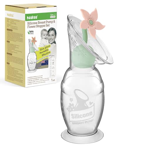 haakaa Manual Breast Pump with Flower Stopper Set, Gen.2 Silicone Hand Pump with Suction Base, BPA Free (4oz/100ml, Blush)