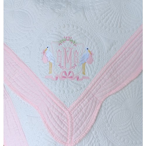 Personalized Baby Quilt: Embroidered Stork Monogram, Heirloom Cotton Blanket