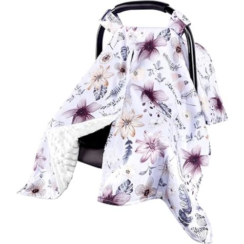 Baby Car Seat Cover, Peekaboo Opening Spring Car Seat Canopy for Baby Girls Boys, Mom Nursing Breastfeeding Covers, Blanket for Infant, Purple Watercolor Flower