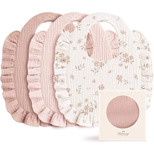 Konssy 3-Pack Muslin Baby Girl Bibs, 100% Cotton with Ruffle Trim | Ultra Soft & Absorbent, Baby Essentials for Drooling and Teething, for Newborn, Infant & Toddler 0-36 Months
