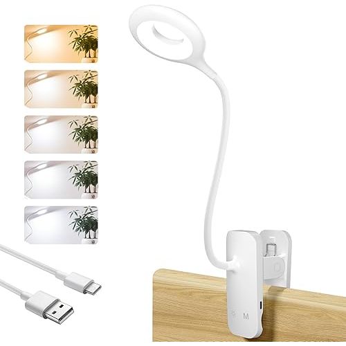 CUHIOY Clip on Reading Light for Bed Headboard, Rechargeable Battery Clamp on Bunk Bed Light, 5 Colors 5 Brightness Flexible Neck Desk Lamp, Eye Protect LED Touch Control Book Lights at Night for Kids