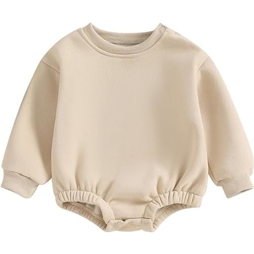 Gueuusu Newborn Warm Sweatshirt Romper Baby Boy Girl Solid Crewneck Long Sleeve Fleece Sweater Bodysuit Thick Winter Clothes