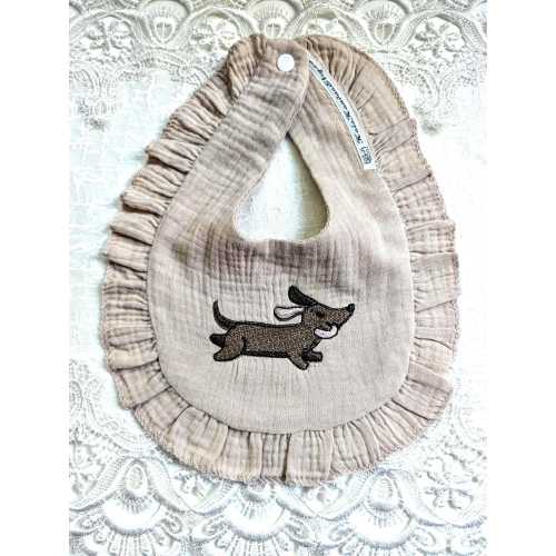 Embroidered Doggy Dachshund on Soft Light Tan Cotton Newborn Baby Bib with Ruffles - Please Promote Animal Rescue!