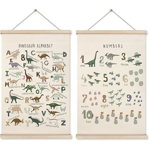 HRQKO Dinosaur Alphabet Poster Hanger Frame Set of 2, Dinosaur Wall Decor, Nursery Wall Decor, ABC Poster Wall Art with Wooden Frames, Alphabet Banner Wall Hanging Decor for Boys Room, 16x24 Inch