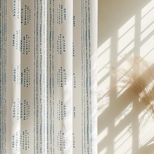 100% Boho Blackout Curtains 63 Inches Long for Bedroom, Green on Beige Patterned Bohemian Curtains for Living Room, Geometric Striped Thermal Insulated Window Drapes Gromment Top 2 Panels