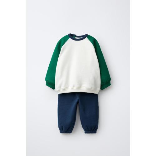 COLORBLOCK SWEATSHIRT AND JOGGER SET - Ecru / Green | ZARA United States