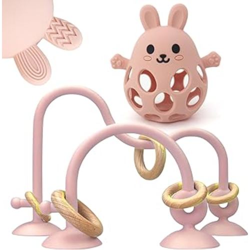 Baby High Chair Suction Toys Teething Chew - Baby Teething Toys Silicone Teethers Table Toys, Food Grade Silicon for 6 12 18 Months (RPinkFPink)