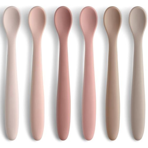 Silicone Baby Feeding Spoons, Training Spoon Self-feeding, First Stage Infant Soft-Tip Easy on Gums, Utensils Supplies, Dishwasher & Boil-proof, 6 Pack