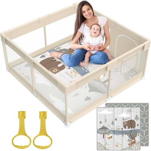 Fodoss Baby Playpen with Mat, Small Baby Play Pen(47x47inch), Playpen for Babies and Toddler (47×47inch Beige with mat)