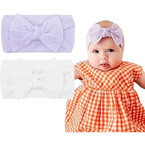Baby Bling Bows - Newborn to Little Baby Girl Bows, 2 Pack Nylon Super Soft Stretchy Knot Toddler Headbands, Perfect Hair Accessories Head Bands for Infant Kids(Light Orchid & White)