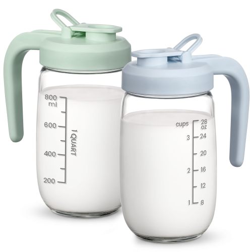 Amazon.com: 2 Pack Breast Milk Pitcher 32 OZ, Heat & Cold Resistant, Sudden Temperature Safe, Fast Baby Formula Maker with Wide Mouth, No Leak Glass Fridge Storage Container for Juice, Cold Brew-Blue, Green
