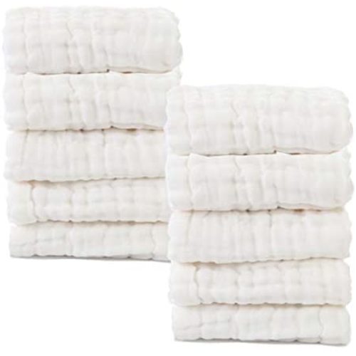 Baby Muslin Washcloths- Natural Muslin Cotton Baby Wipes - Soft Newborn Baby Face Towel for Sensitive Skin- Baby Registry as Shower Gift, 10 Pack 12x12 inches by MUKIN (White)