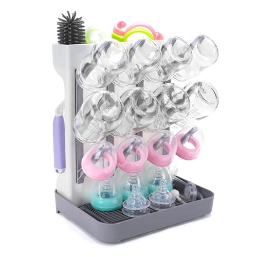 Kiddie Joy Baby Bottle Drying Rack, Space Saving Vertical Bottle Drying Holder with Brushes Holder - Large Bottle Storage Holder Organizer 12 Bottles & Baby Accessories,BPA-Free, Gray