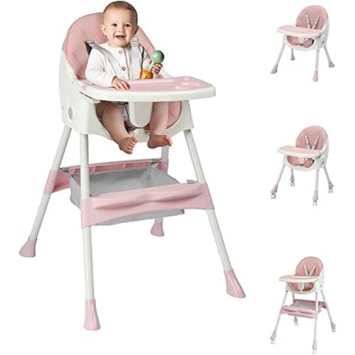 Ktaxon Foldable Baby High Chair, 2-in-1 Portable Convertible Highchair with Removable Dual-Layer Tray, 5-Point Safety Harness and Storage Bag for Toddlers & Babies, Pink