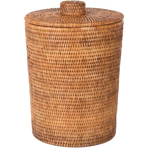 Kouboo La Jolla Rattan Round Waste Basket with Plastic Insert & Lid, Large, Honey-Brown for Bedroom, Living Room and Bathroom
