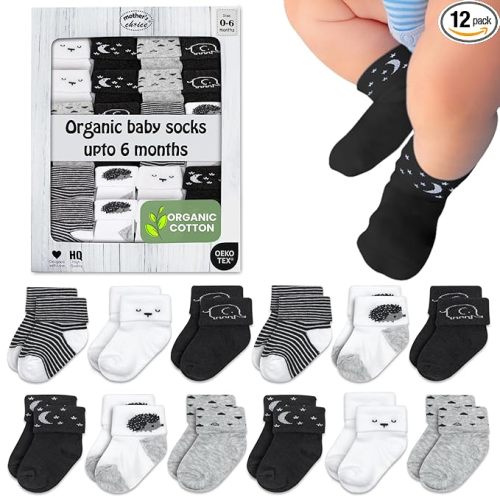 Mother's Choice Organic Cotton Baby Socks 0-6 Months - 12 pairs Soft, Cozy, and Gentle Newborn Socks for Girls & Boys, Perfect for Baby Registry, Everyday Wear, and Infant Comfort