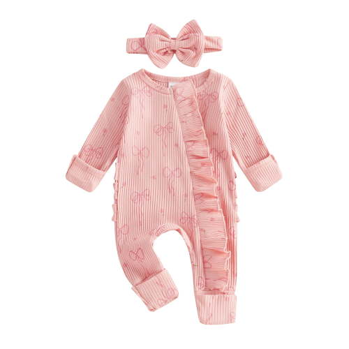 Gzhioc Newborn Baby Girl Fall Outfit 0 3 6 Months Bow Print Long Sleeve Full Length Zipper Front Ribbed Jumpsuit Bow Headband 2Pcs Set