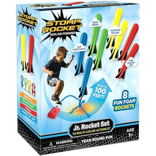 Stomp Rocket Jr Multi-Color Rocket Launcher for Kids, 8 Rockets - Fun Outdoor Kids Gifts for Boys & Girls - STEM Toy Foam Blaster Set Soars Up to 100 Feet - Ages 3 & Up