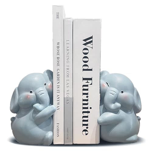 HINUGO Cute Elephant Bookends Decoration, Book Ends for Heavy Books, Book Holders for Shelves in Home Office Children’s Rooms Desk Bookshelf, Great Christmas Birthday Gift