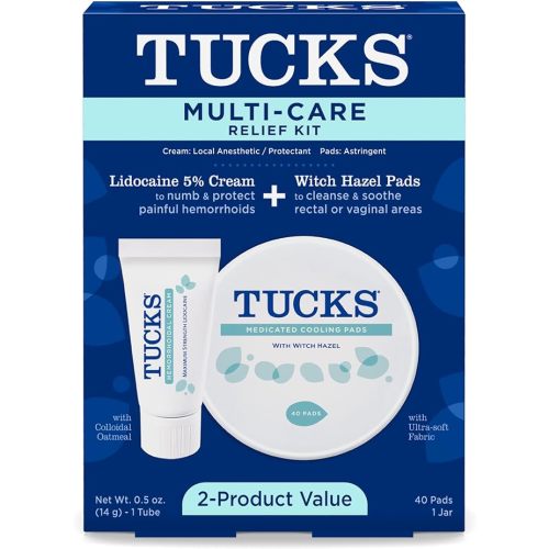 Tucks Multi-Care Relief Kit – 40 Count Witch Hazel Pads & 0.5 oz. Lidocaine Cream - Protects from Irritation, Hemorrhoid Treatment Medicated Pads Used by Hospitals